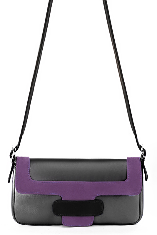 Dark silver, amethyst purple and matt black women's dress handbag, matching pumps and belts. Top view - Florence KOOIJMAN